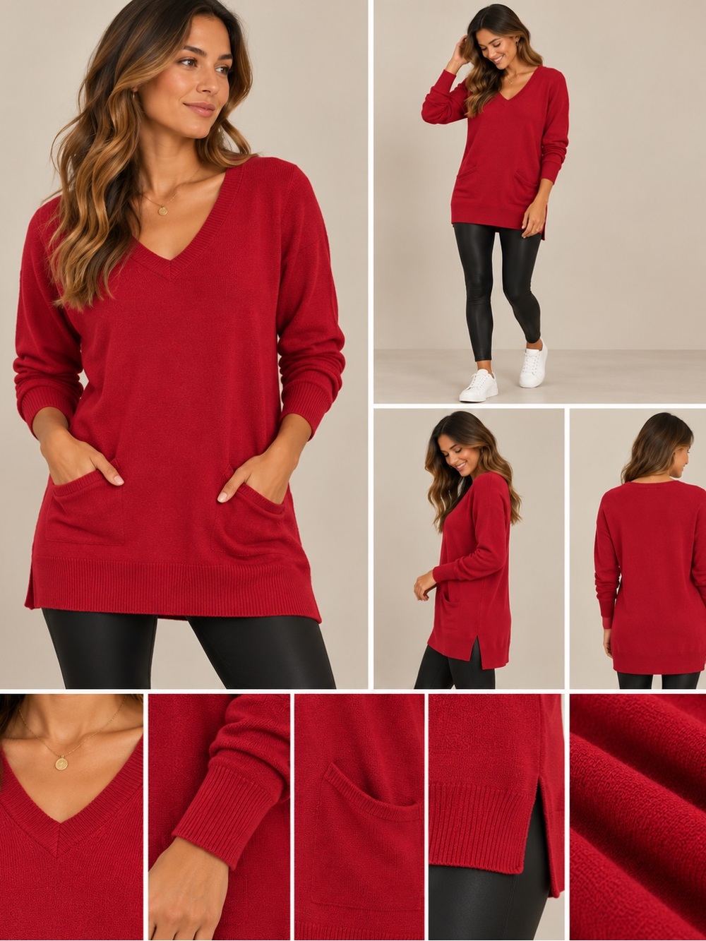 Willi Smith Red V-Neck Pocket Sweater Tunic